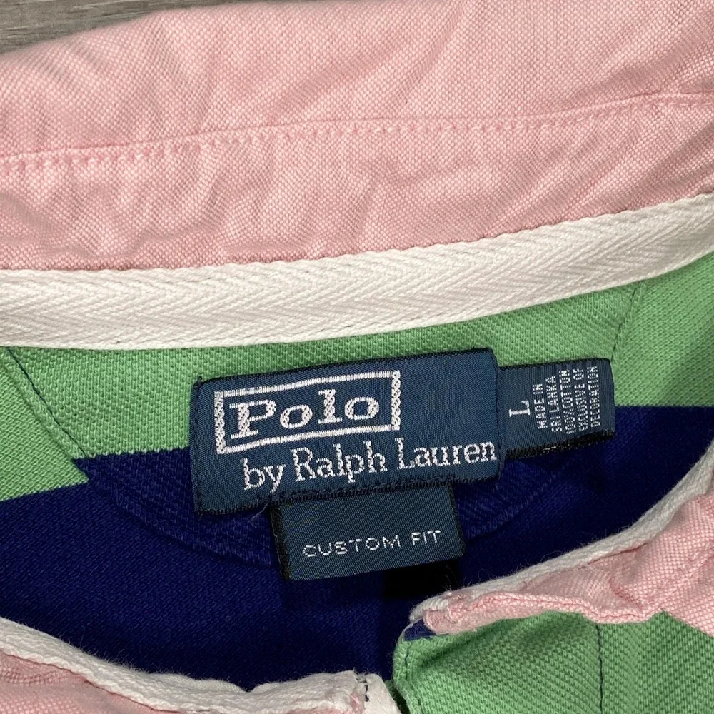 Polo Ralph Lauren Polo Shirt Mens Large Green Navy Striped Custom Fit Rugby Logo - Picture 3 of 16